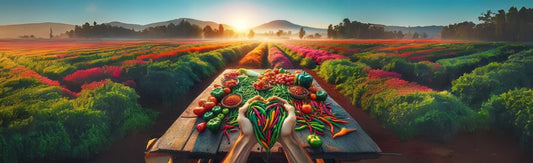 Hermosa mesa de madera repleta de verduras y chiles frescos, con un impresionante campo agrícola al amanecer como fondo
